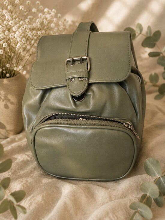 Classic Olive Green Leatherette Backpack - Unbranded main image 7